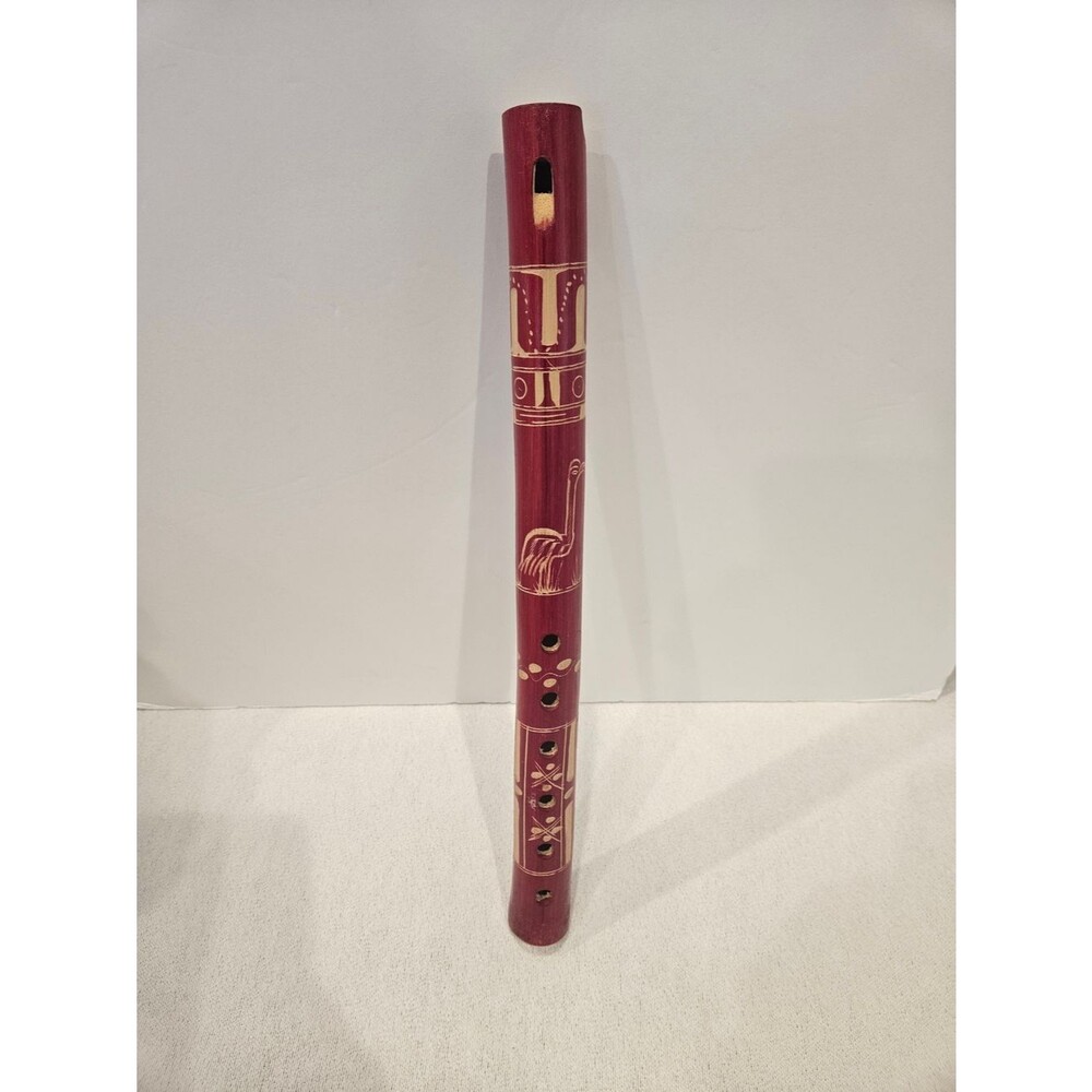 Handcrafted Wooden Bamboo Flute in Deep Red with Carved Accents Pervian Andean